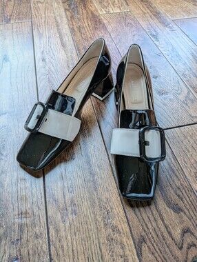 Beautisoles Patent Leather Two-Tone Black and White Block Heel Loafers Size 8